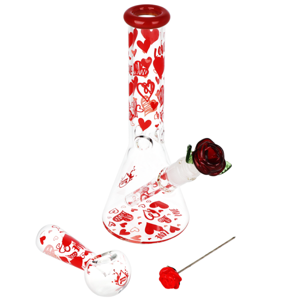 Pulsar Valentine's Hearts 'n' Roses Glass Herb Pipe Duo | 10" | 14mm F