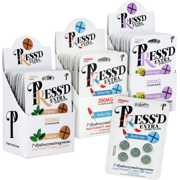 Press'd Extra Strength 7-Hydroxymitragynine Tablets | 200mg | 5pc | 10pk Display